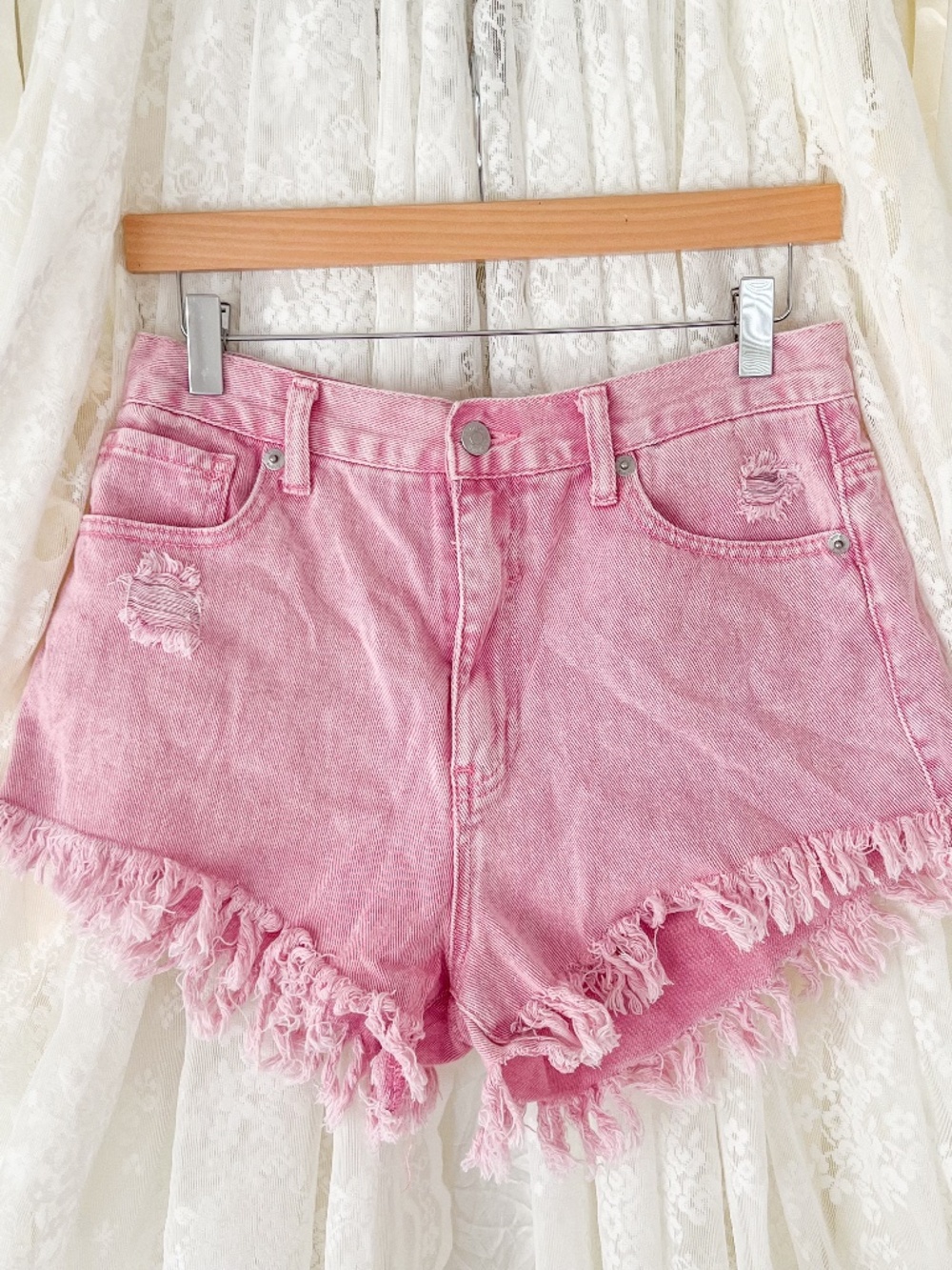 Pink Distressed Fringe Denim Cutoff Shorts